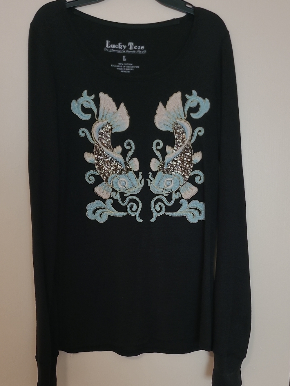 Lucky Tees Women's Black Long Sleeve Tee with Embroidered Koi